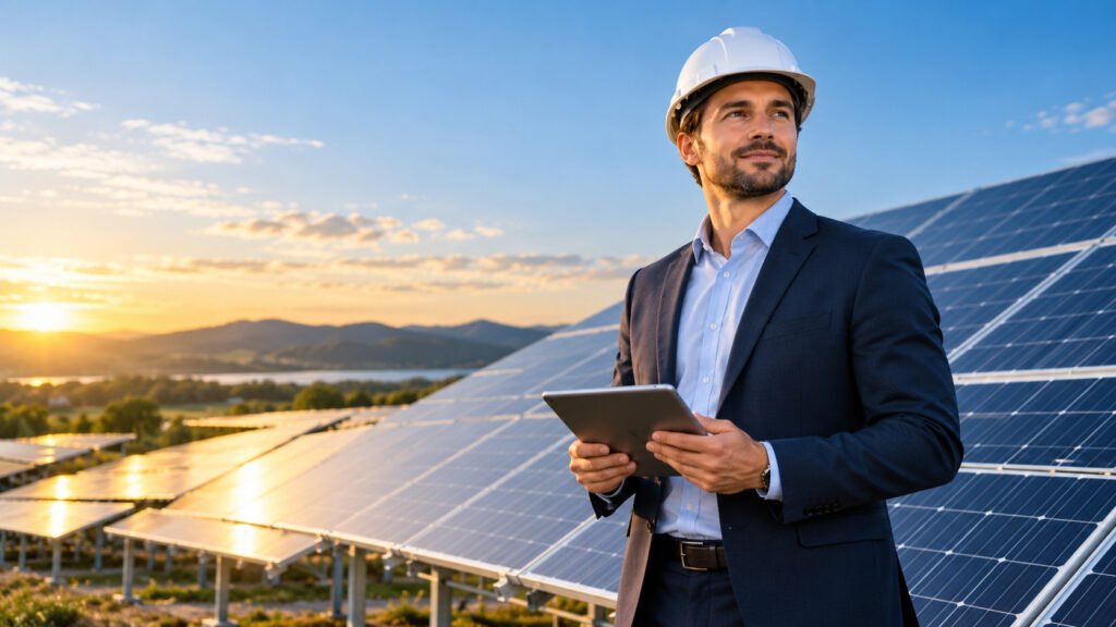 Consultant en énergie solaire devant des panneaux photovoltaïques